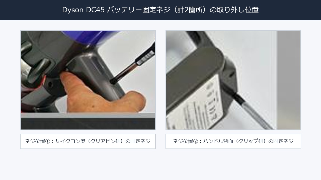 ダイソン DC45 バッテリー固定ネジ2箇所の取り外し手順
