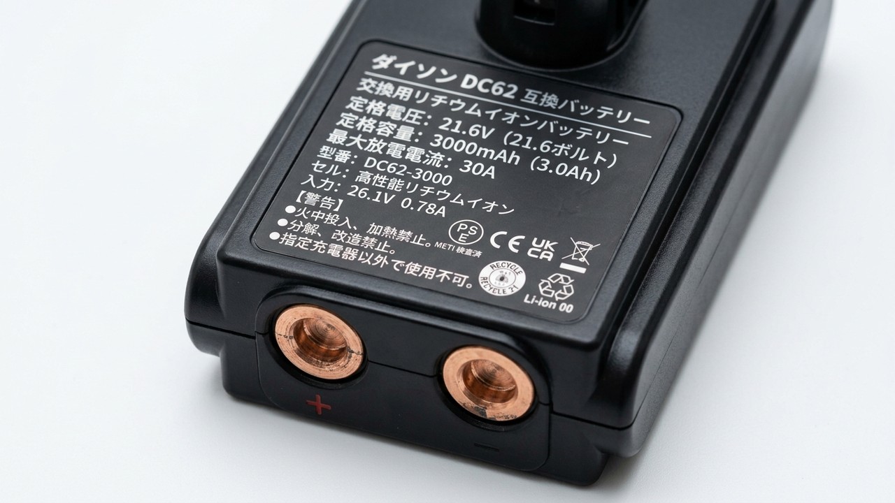 ダイソンDC62互換バッテリーのPSEマークとスペック印字ラベル