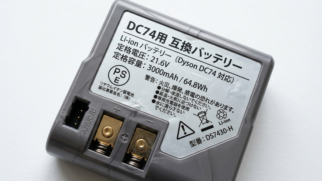 ダイソンDC74互換バッテリーのPSEマークとスペック印字ラベル