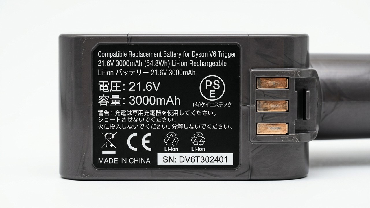 ダイソンV6対応互換バッテリーのPSEマークと安全技術仕様ラベル